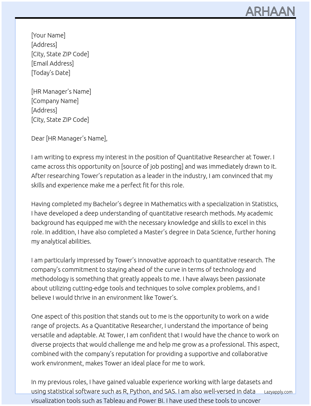 Quantitative Researcher At Tower Cover Letter