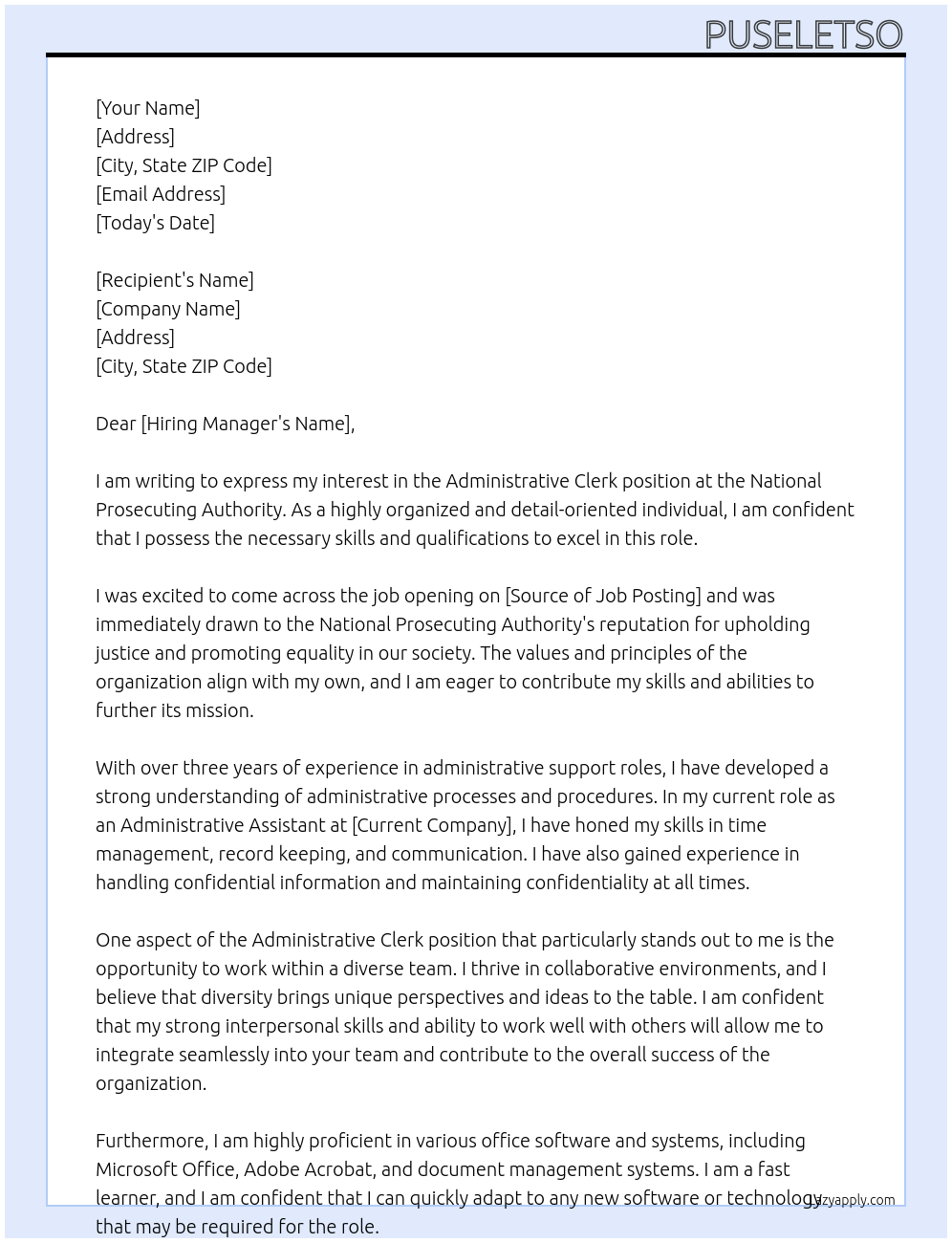 Administrative Clerk At National Prosecuting Authority Cover Letter