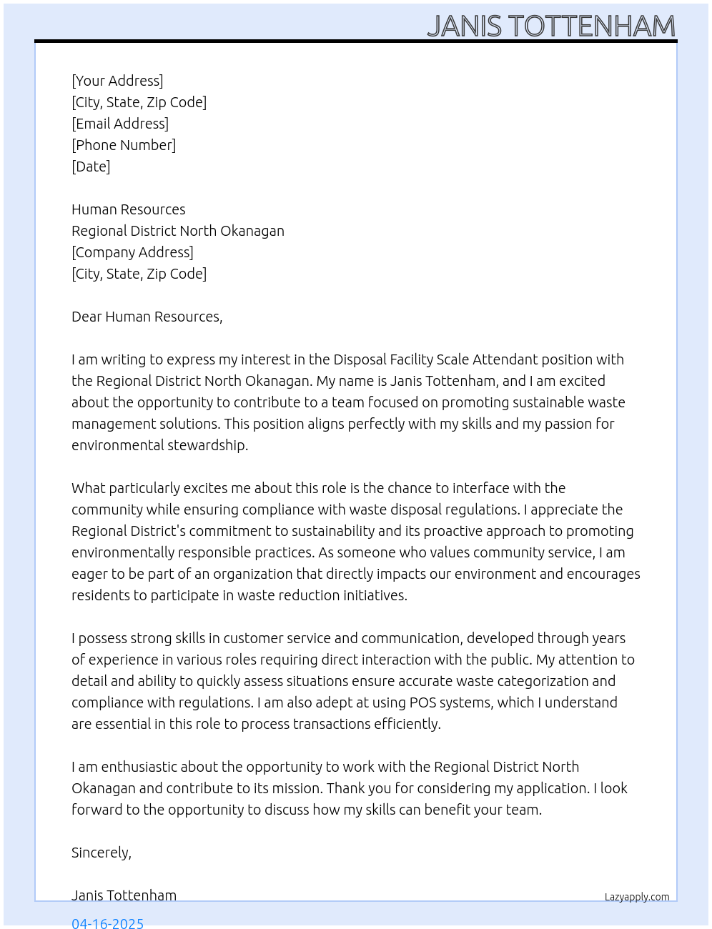 Disposal facility scale attendant At Regional District North Okanagan Cover Letter