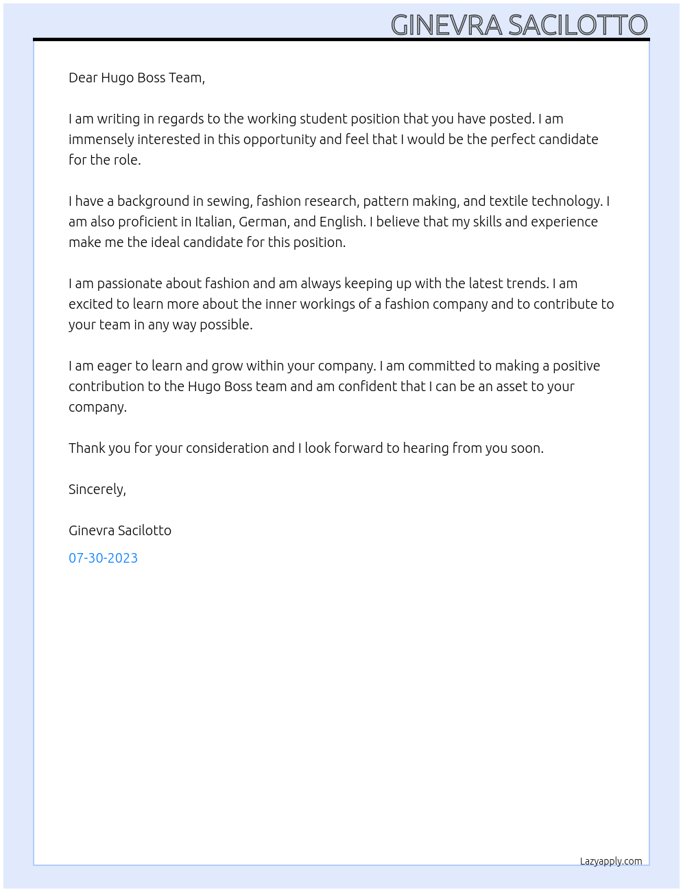 working student At Hugo Boss Cover Letter