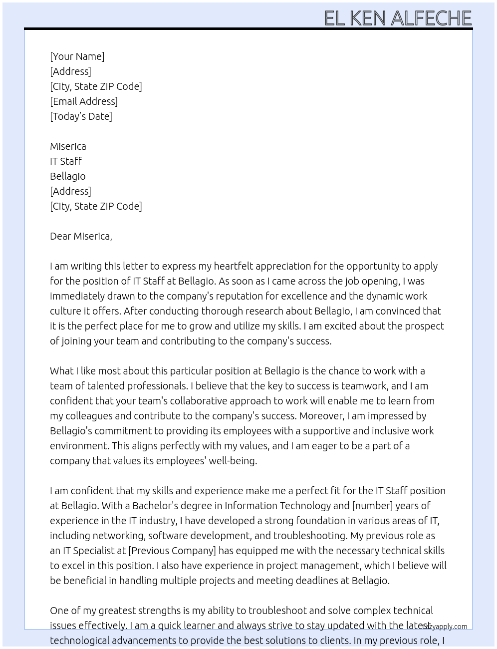 IT Staff At BELLAGIO Cover Letter