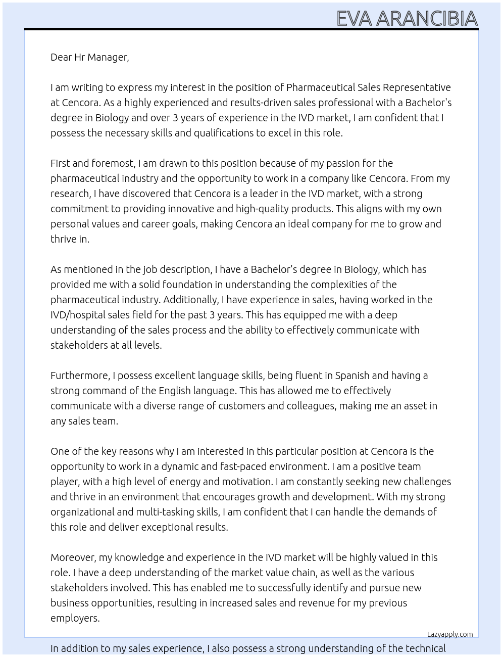 Pharmaceutical Sales Representative At Cencora Cover Letter