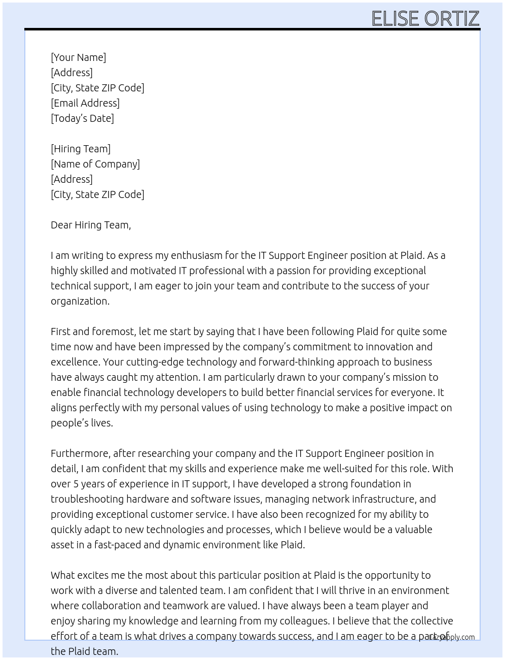 IT Support Engineer At Plaid Cover Letter