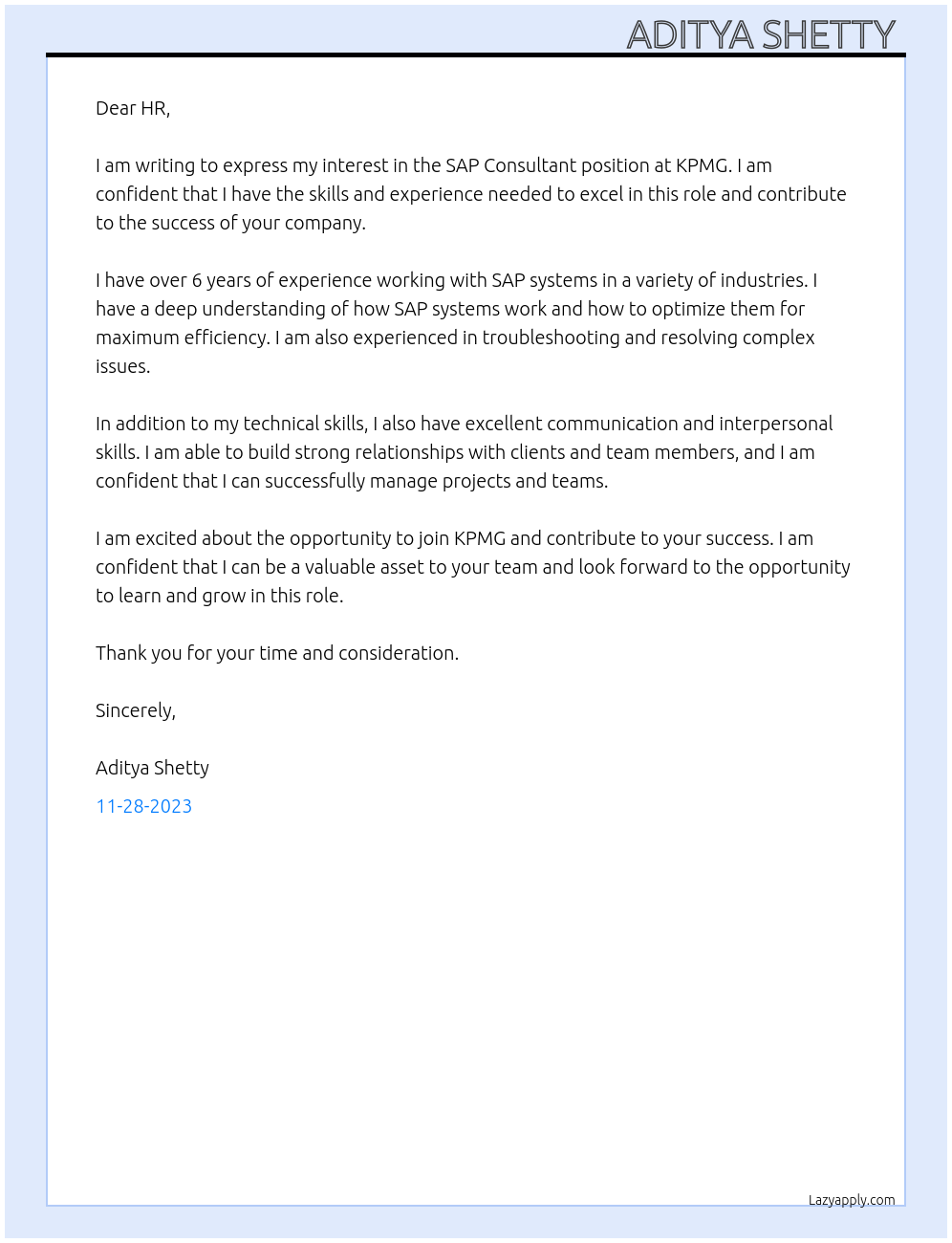 SAP Consultant  At KPMG Cover Letter