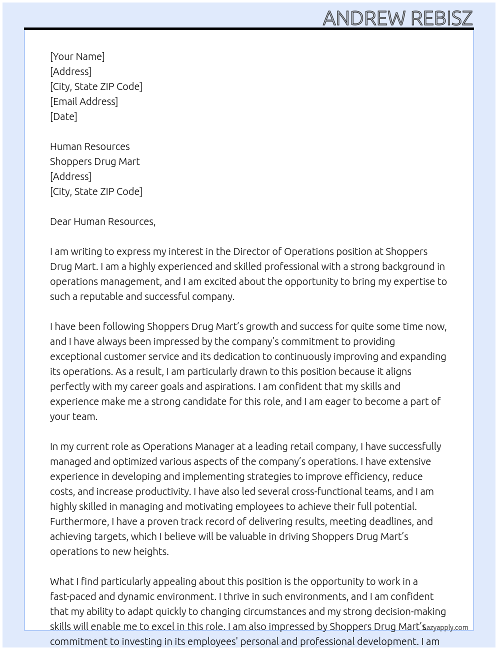 Director of Operations At Shoppers Drug Mart Cover Letter