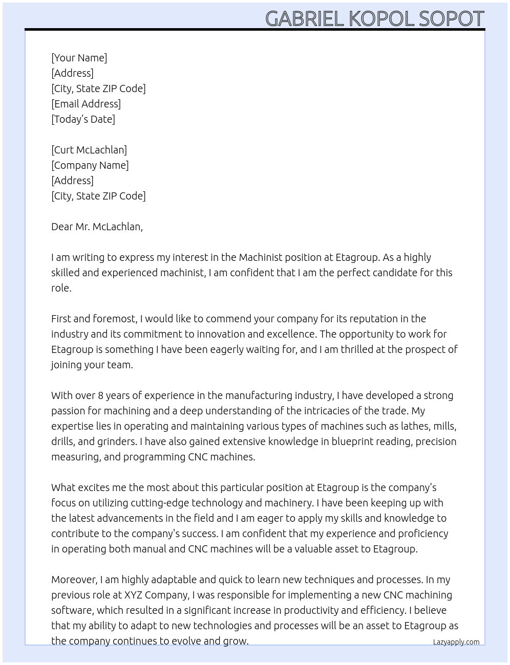 Machinist At Etagroup Cover Letter