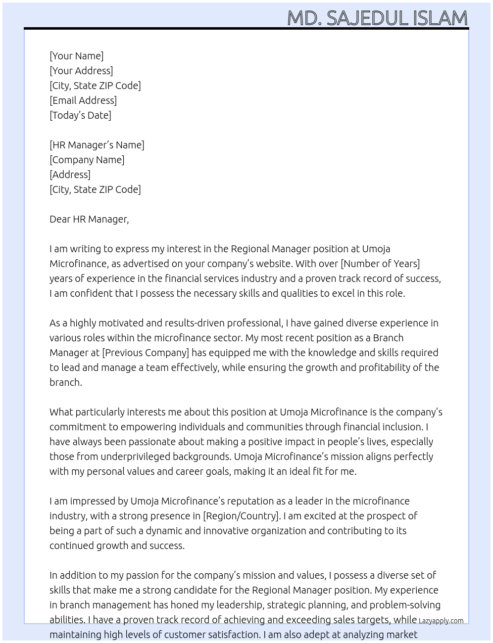 Regional Manager At Umoja Microfinance Cover Letter