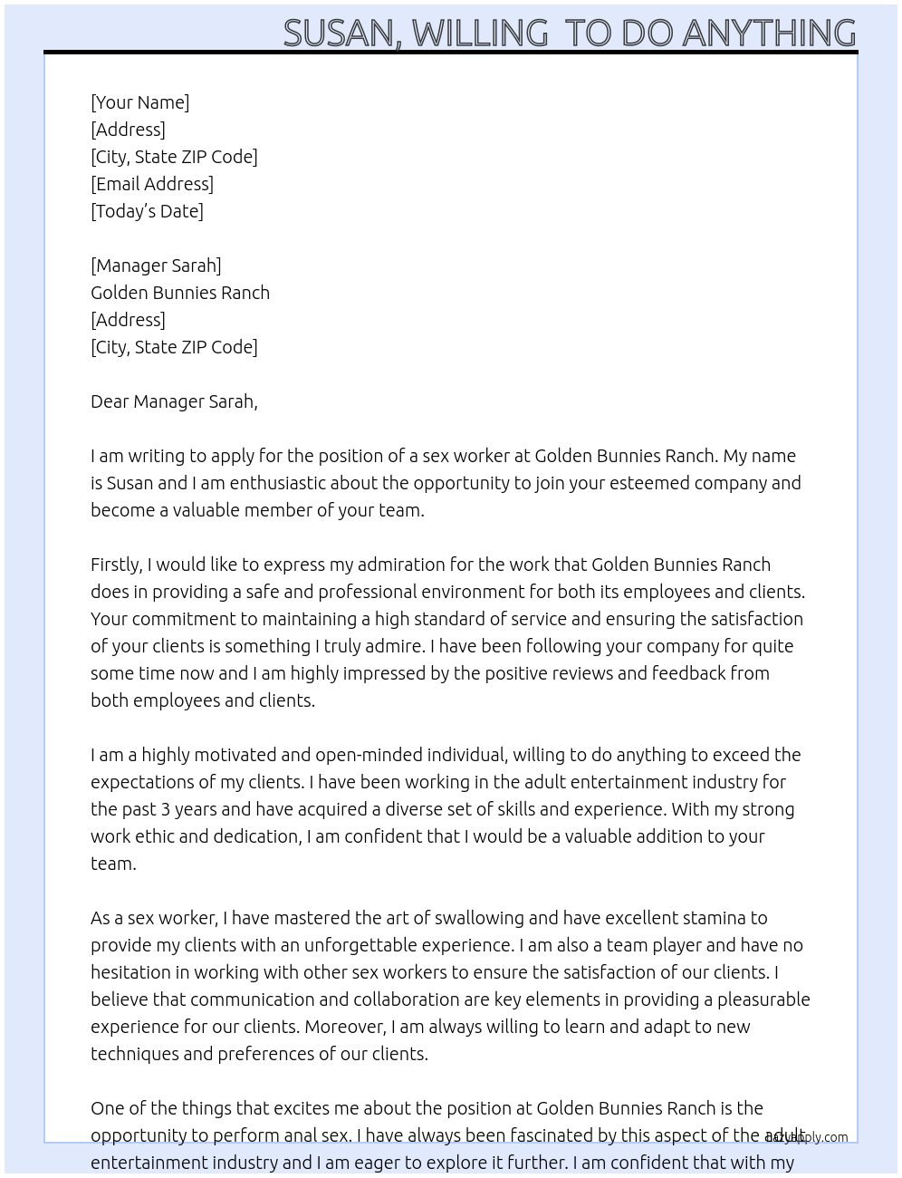 sex worker At Golden bunnies ranch Cover Letter