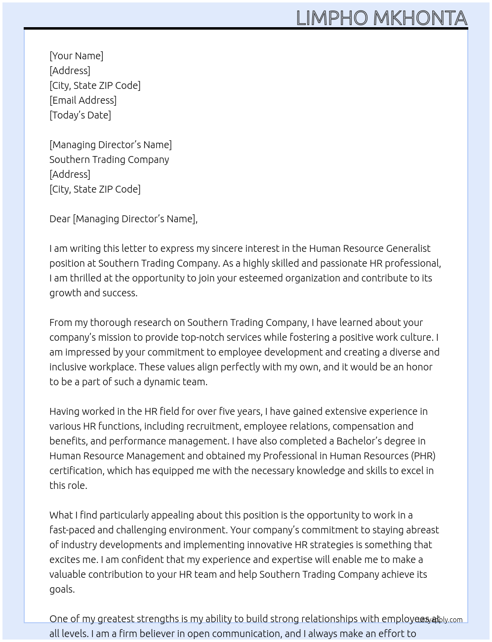 Human Resource Generalist At Southern Trading Company Cover Letter