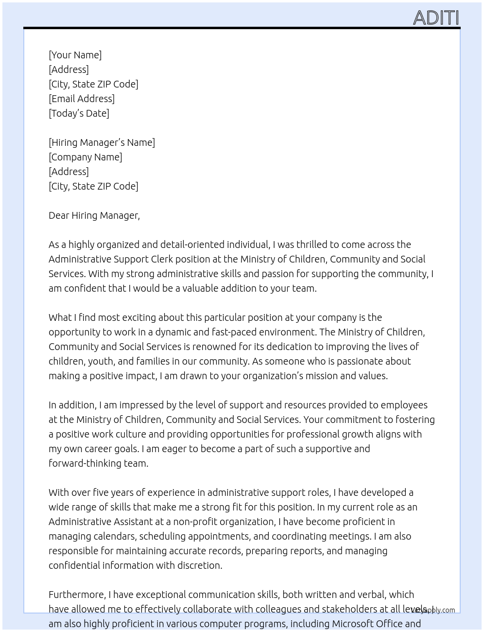 Administrative Support clerk  At Ministry of Children, community and Social Services  Cover Letter