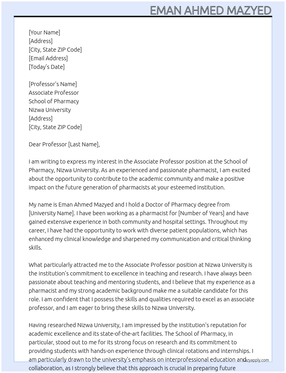 associate professor At School of Pharmacy, Nizwa University Cover Letter