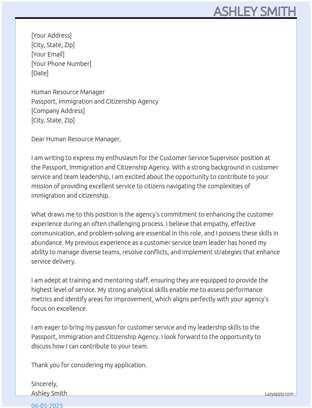 Cover letter for customer service supervisor - LazyApply