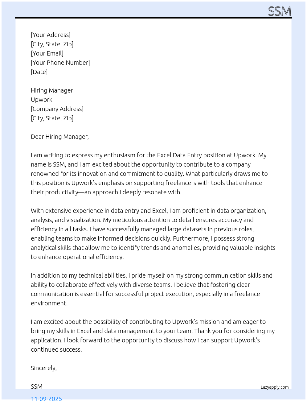 Excel Data Entry At upwork Cover Letter