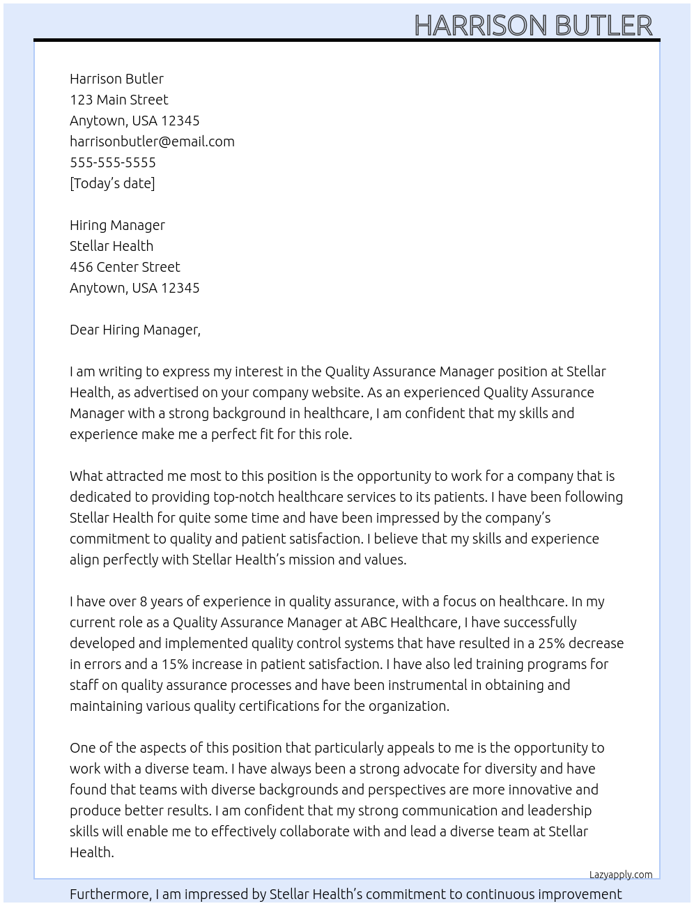 Quality Assurance Manager At Stellar Health Cover Letter