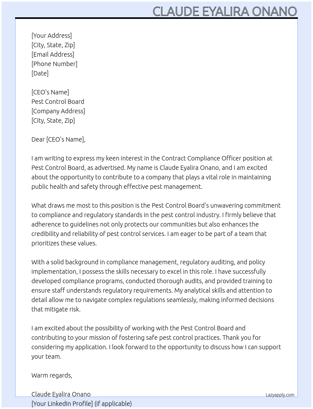 Compliance Officer - Contract Position  At Pest Control Board Cover Letter