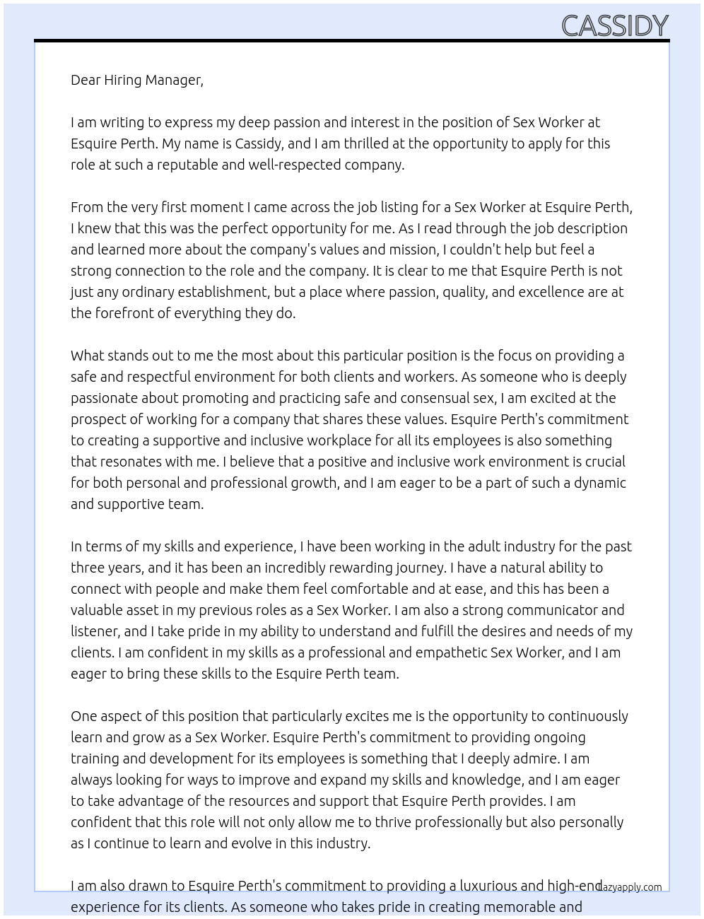 Sex worker At Esquire Perth Cover Letter