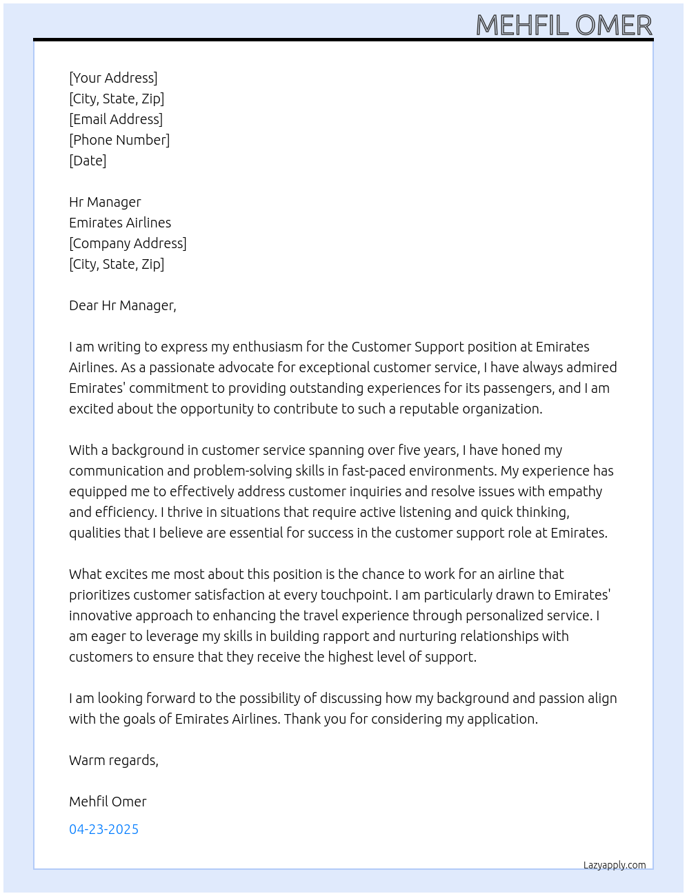 Customer support  At Emirates airlines  Cover Letter