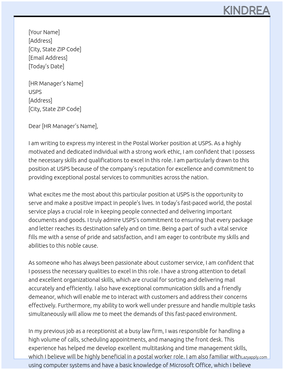 postal worker At USPS Cover Letter