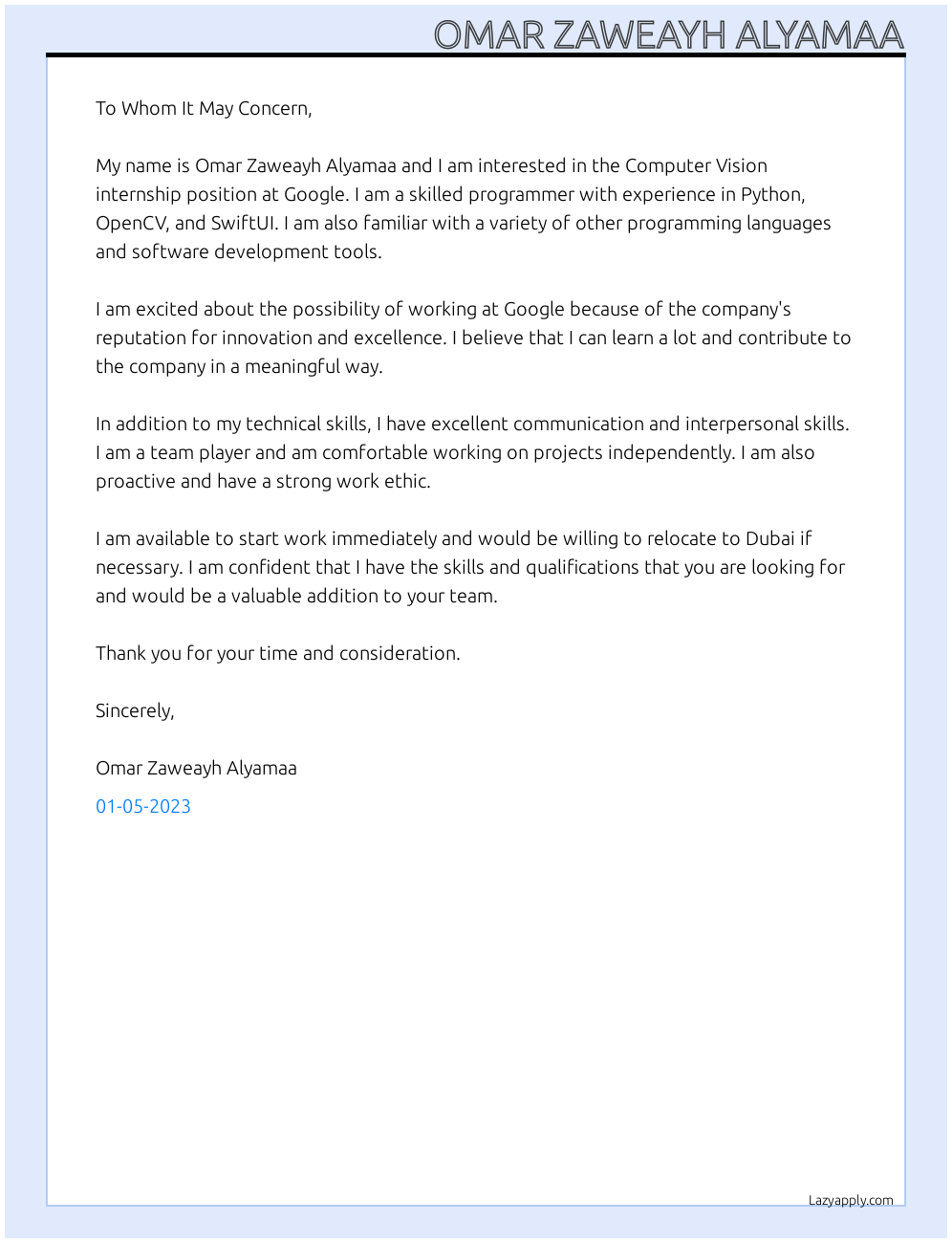 Cover letter for computer vision - LazyApply