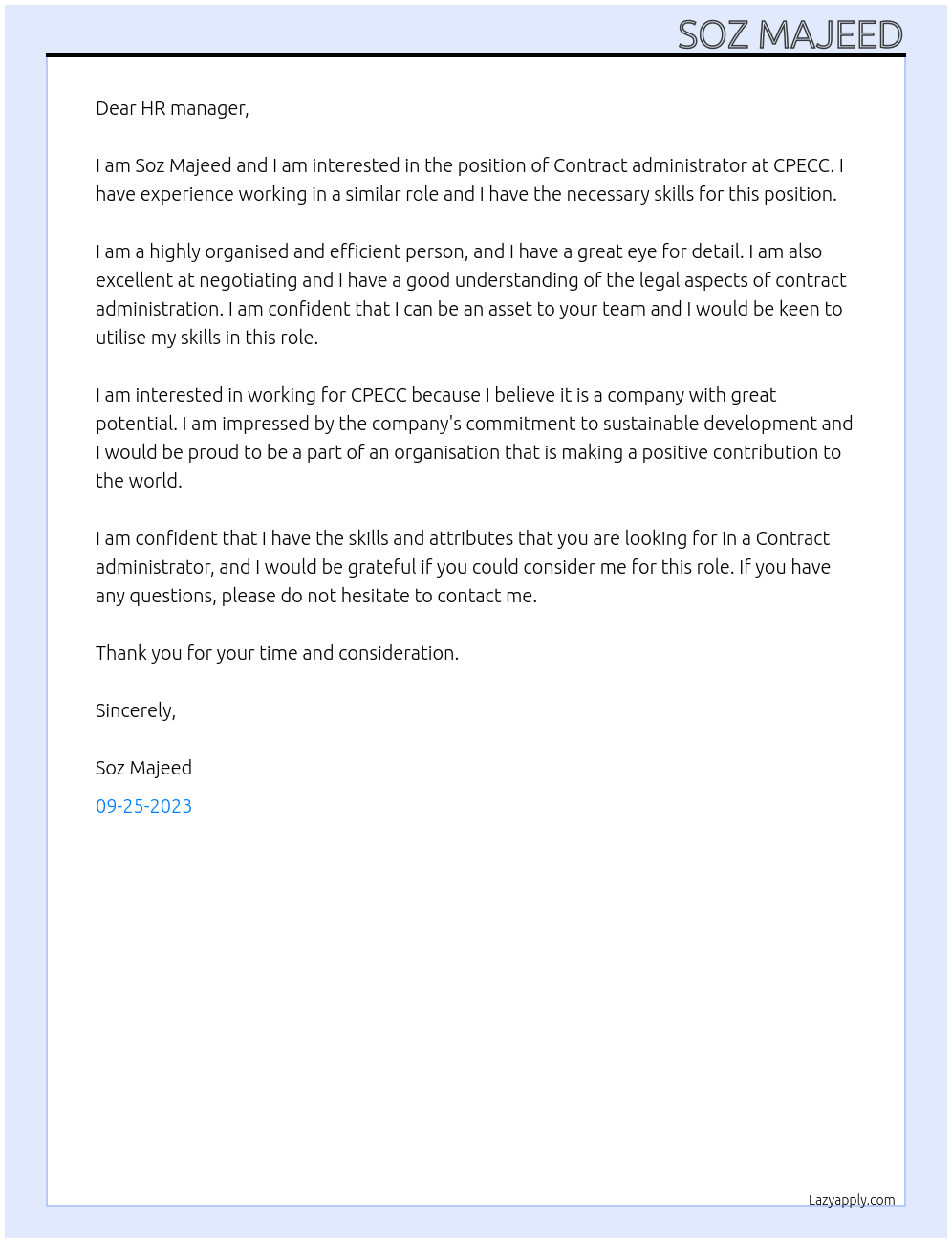 Contract administrator At CPECC Cover Letter