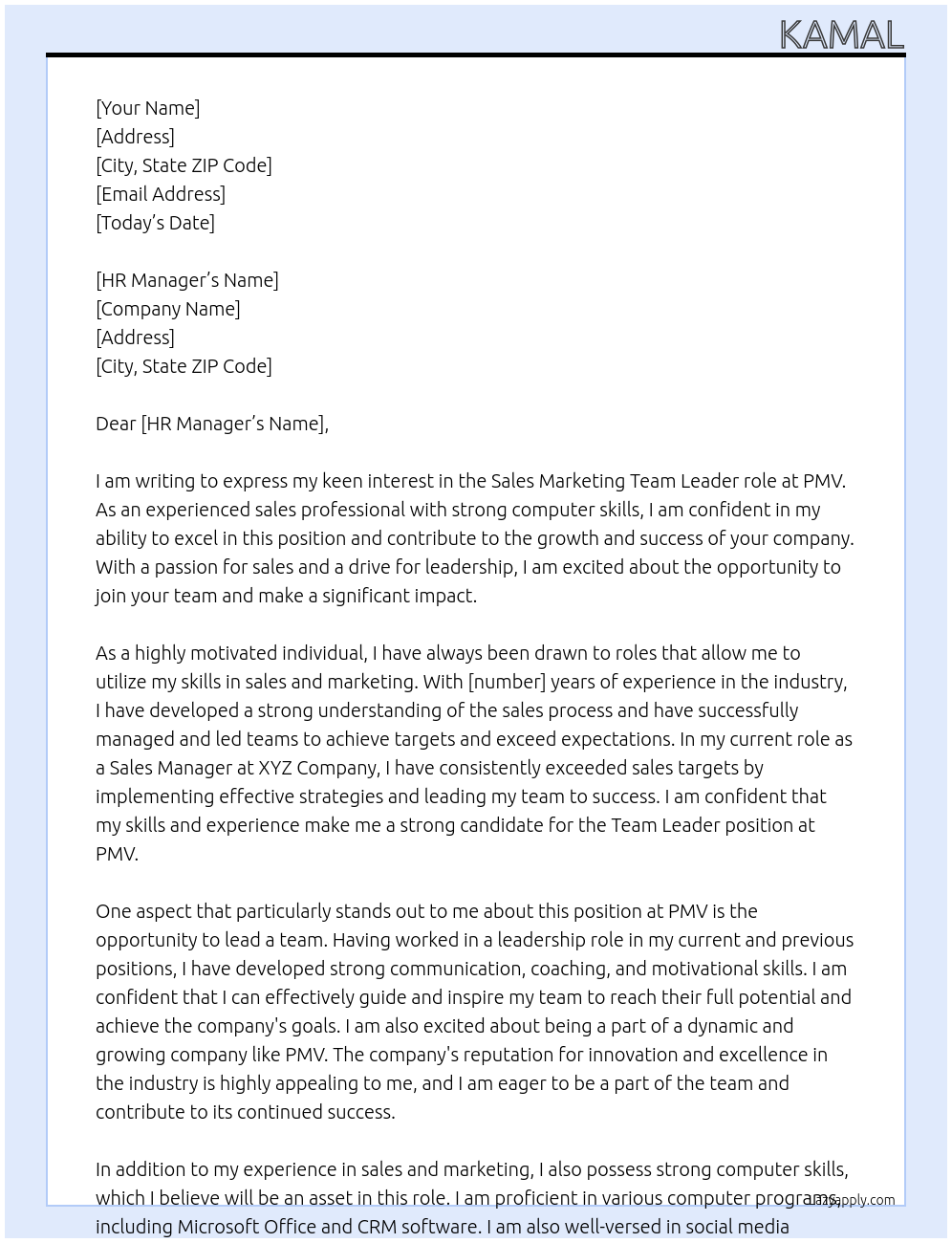 sales Marketing At pmv Cover Letter