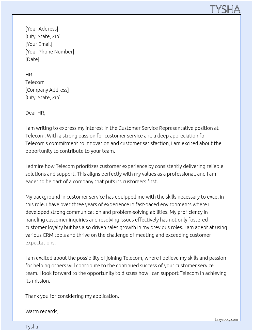 Customer Service Representative At Telecom Cover Letter