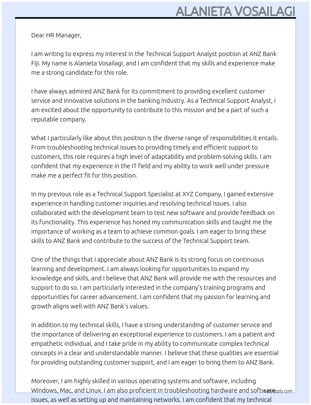 Technical Support Analyst At ANZ Bank Fiji Cover Letter