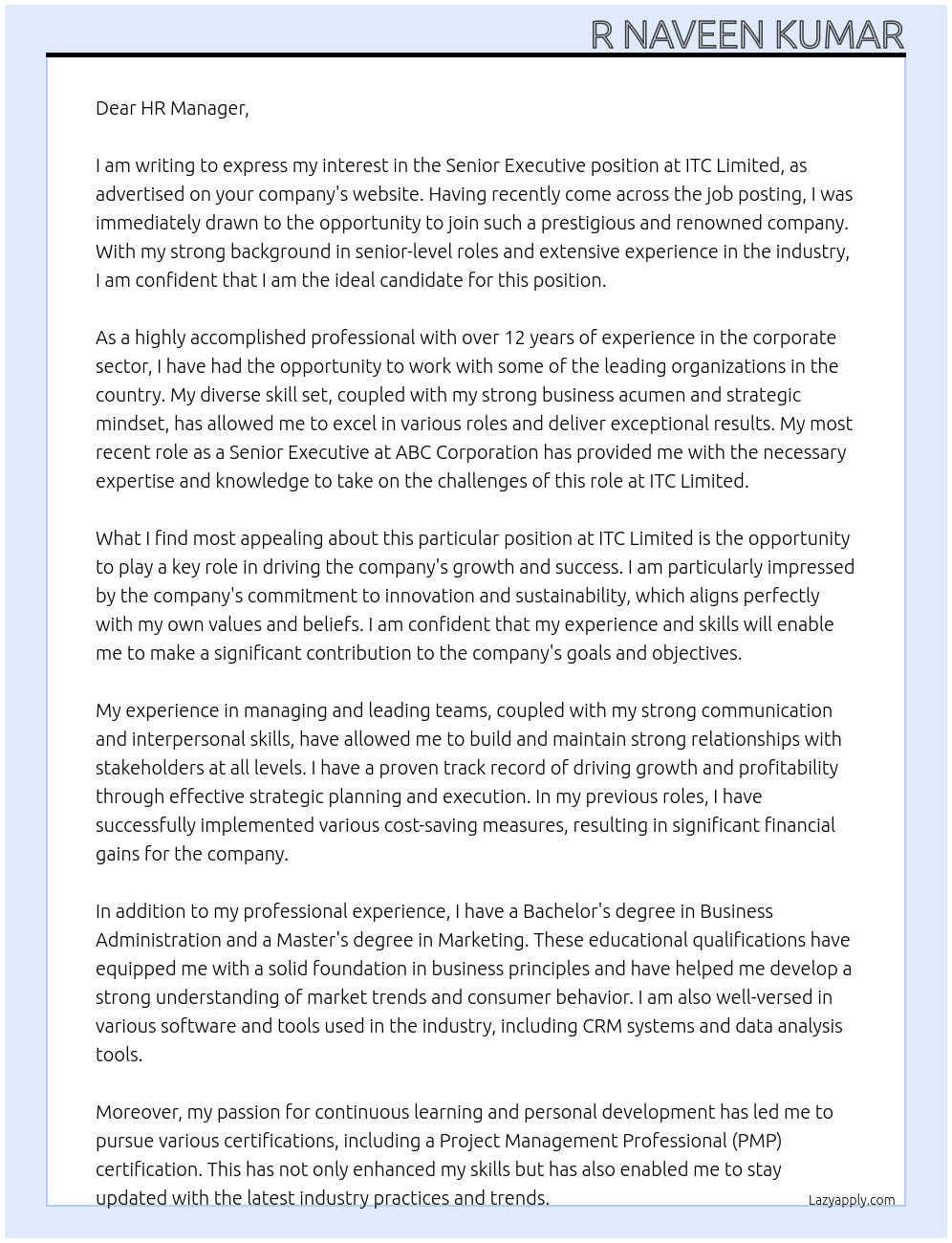 Senior executive At ITC Limited Cover Letter