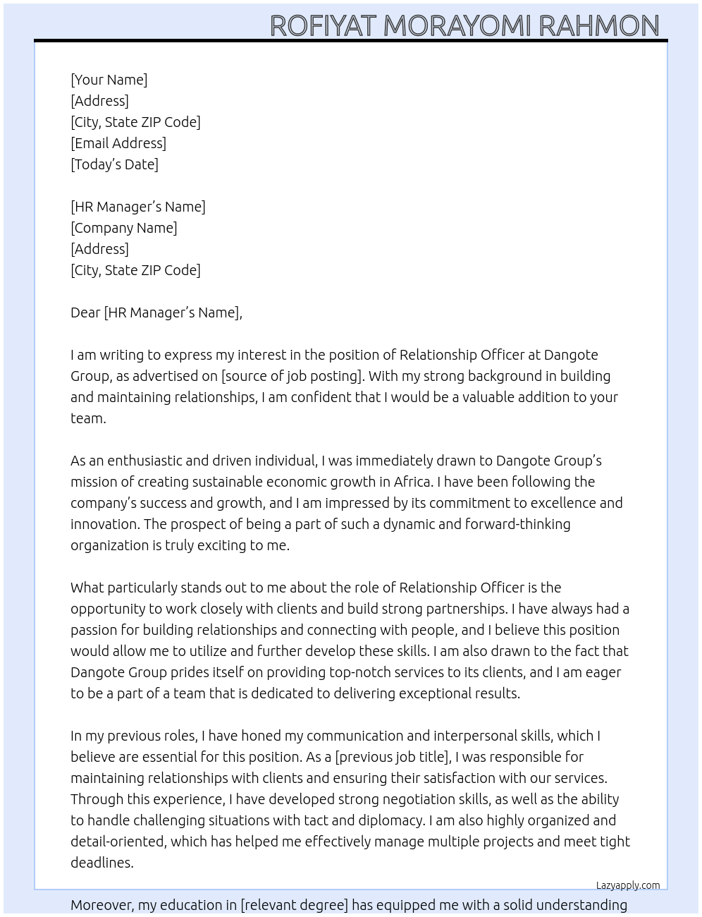 Relationship officer At Dangote Group Cover Letter