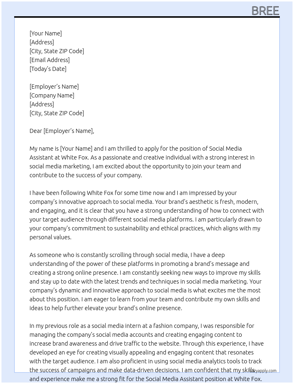 Social media assistant At White Fox Cover Letter