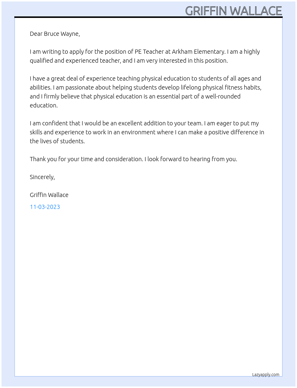 PE Teacher At Arkham Elementary Cover Letter