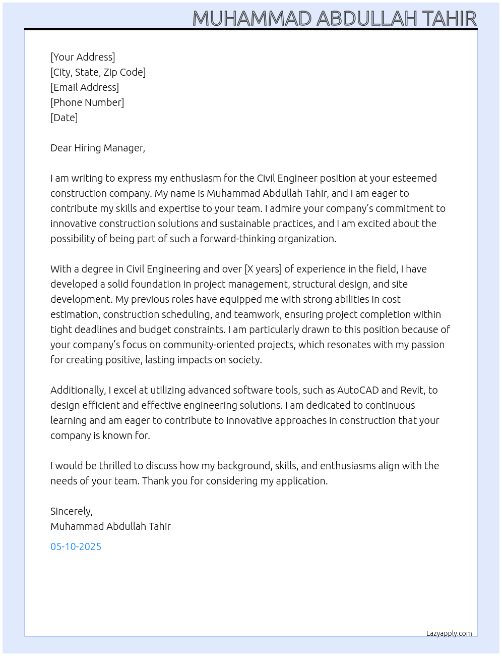 Civil Engineer At Construction company Cover Letter