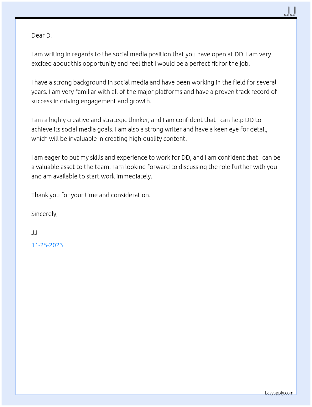 Social Media At DD Cover Letter