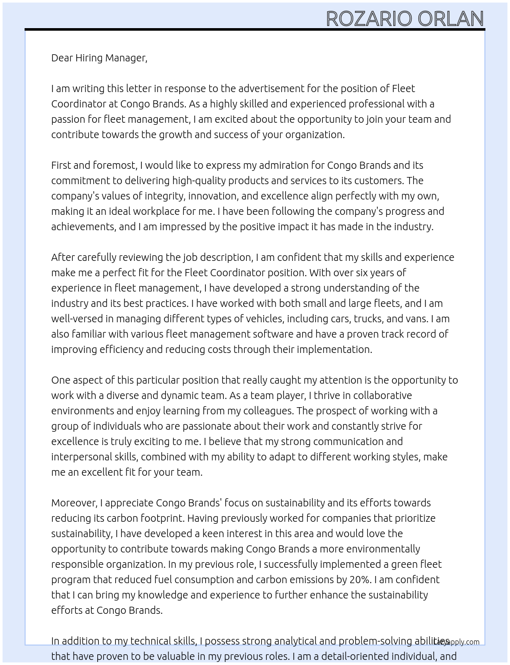 Fleet Coordinator At Congo Brands  Cover Letter