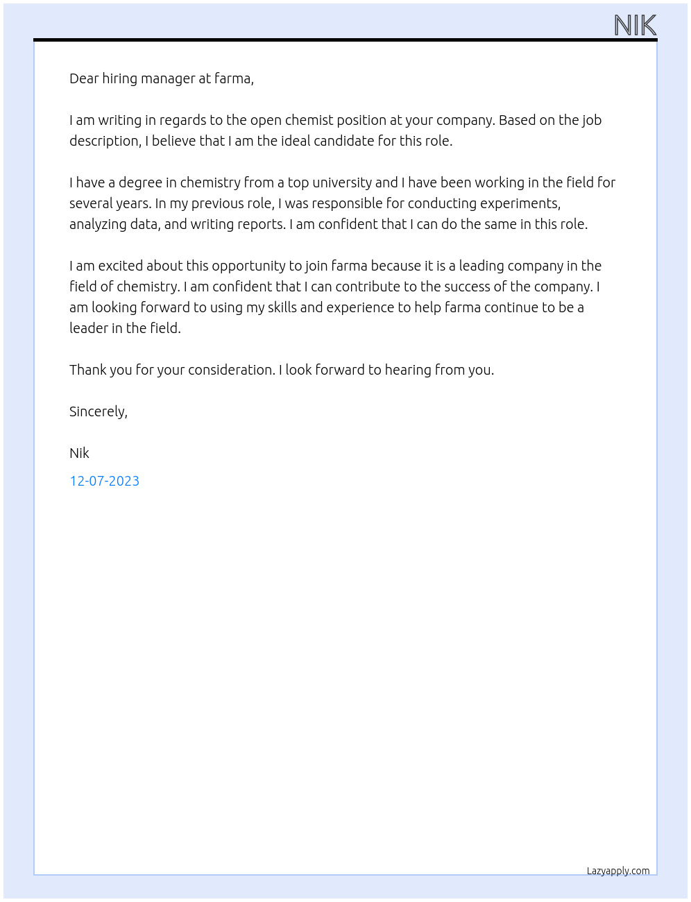 chemist At farma Cover Letter