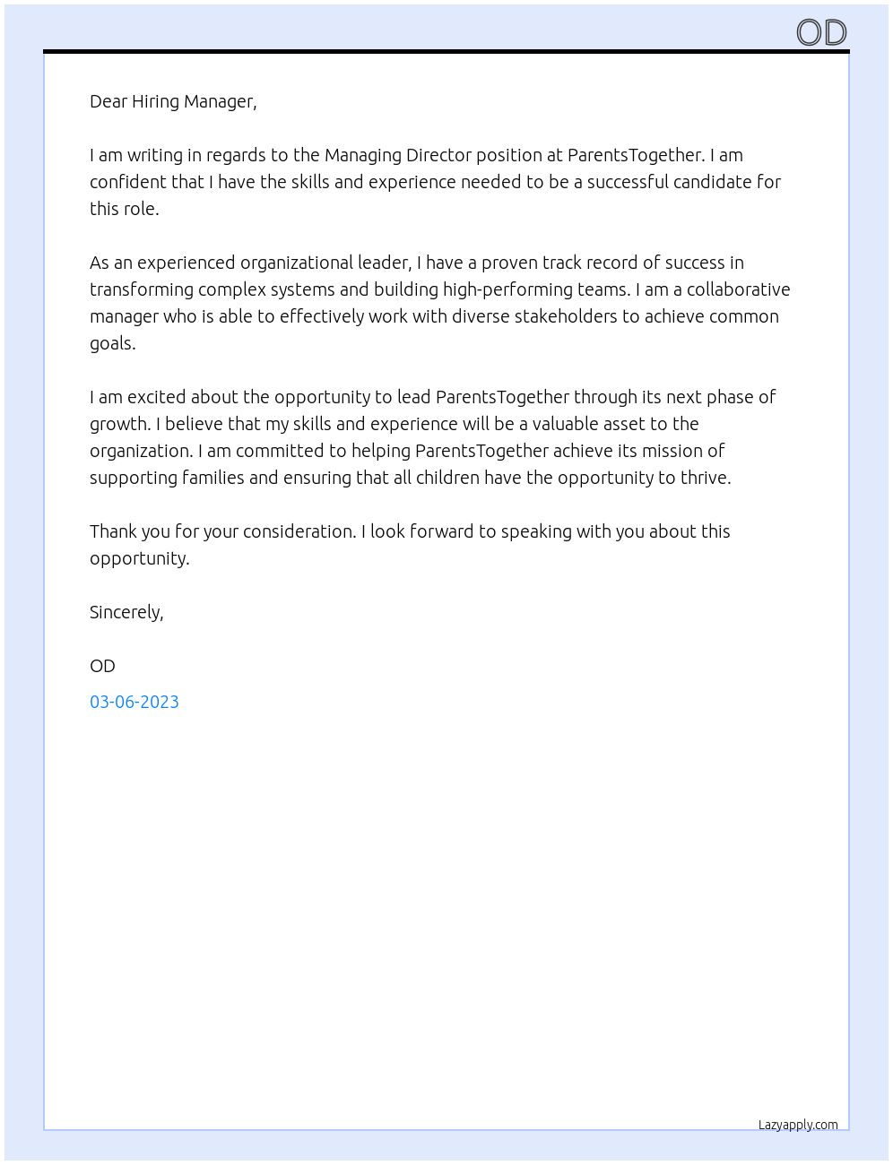 Managing Director At ParentsTogether Cover Letter