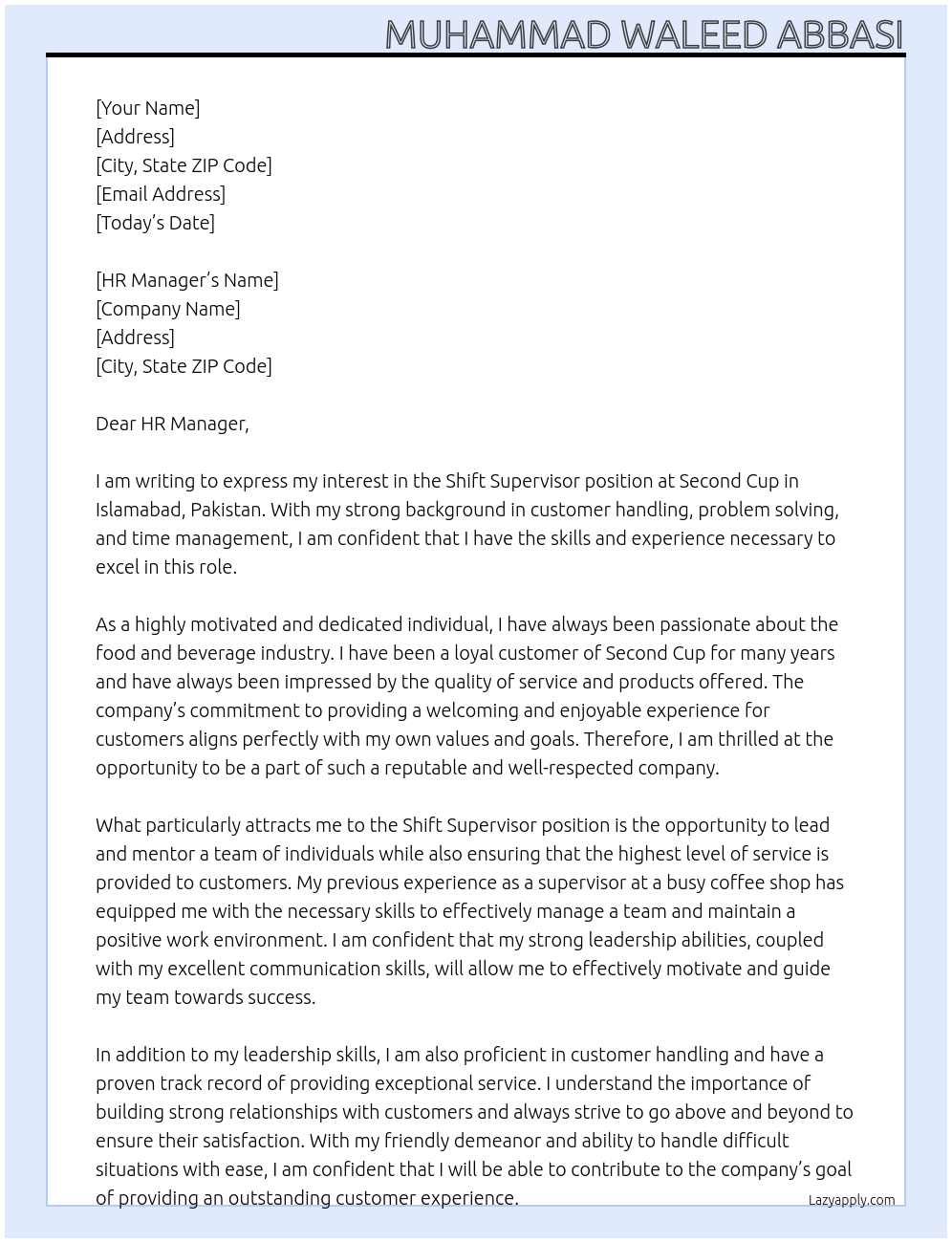 Shift Supervisor At Second Cup Cover Letter