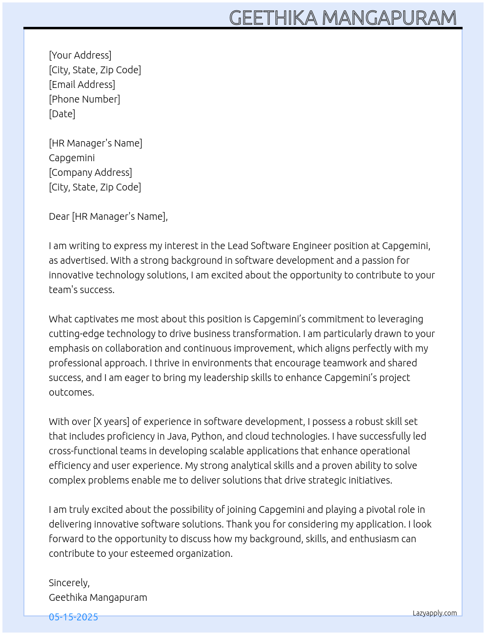 Lead software engineer At Capgemini Cover Letter