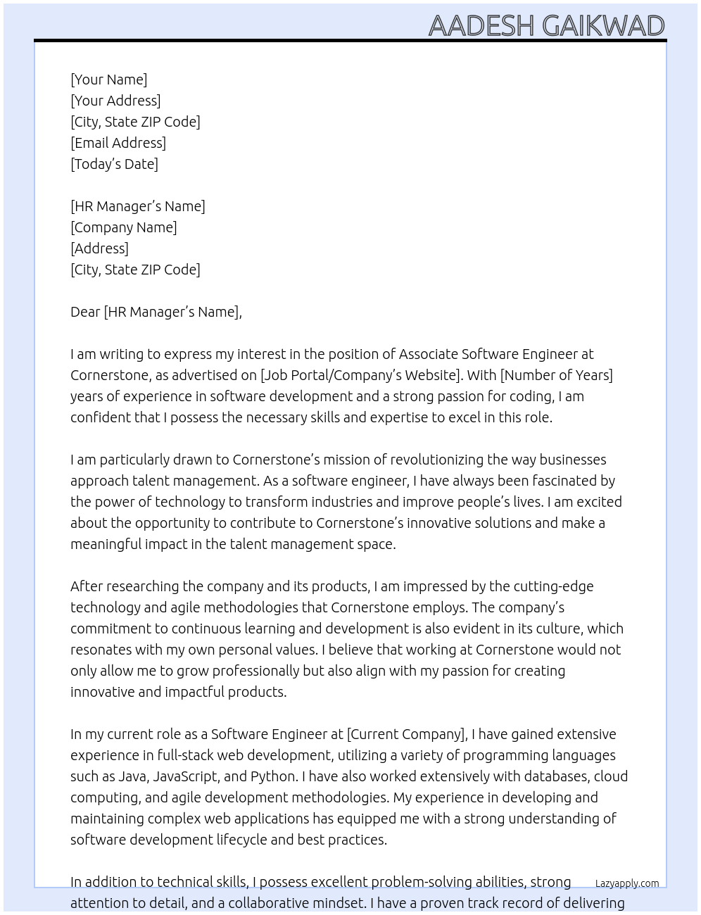 associate software enginner At cornerstone Cover Letter