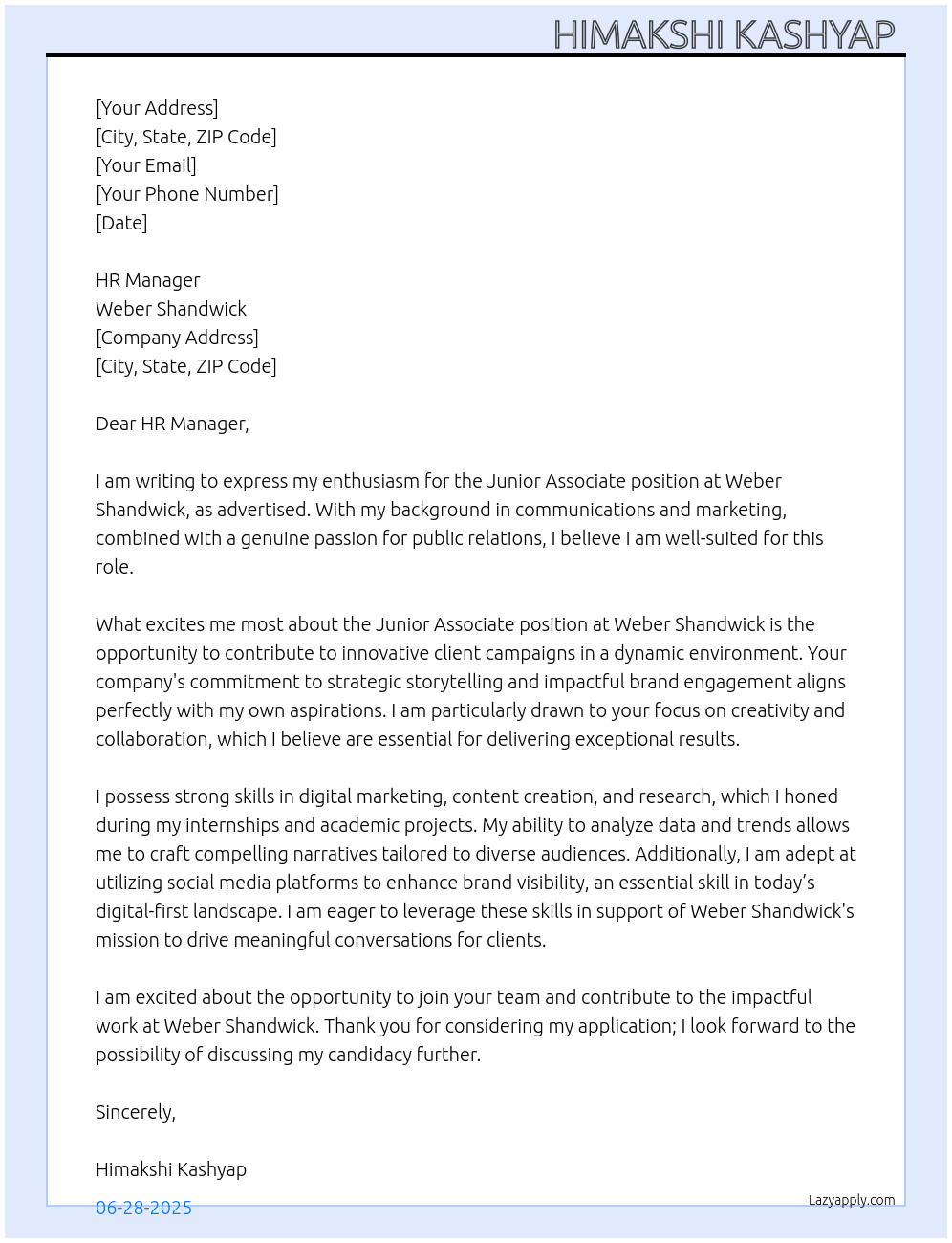 Junior Associate At Weber Shandwick Cover Letter