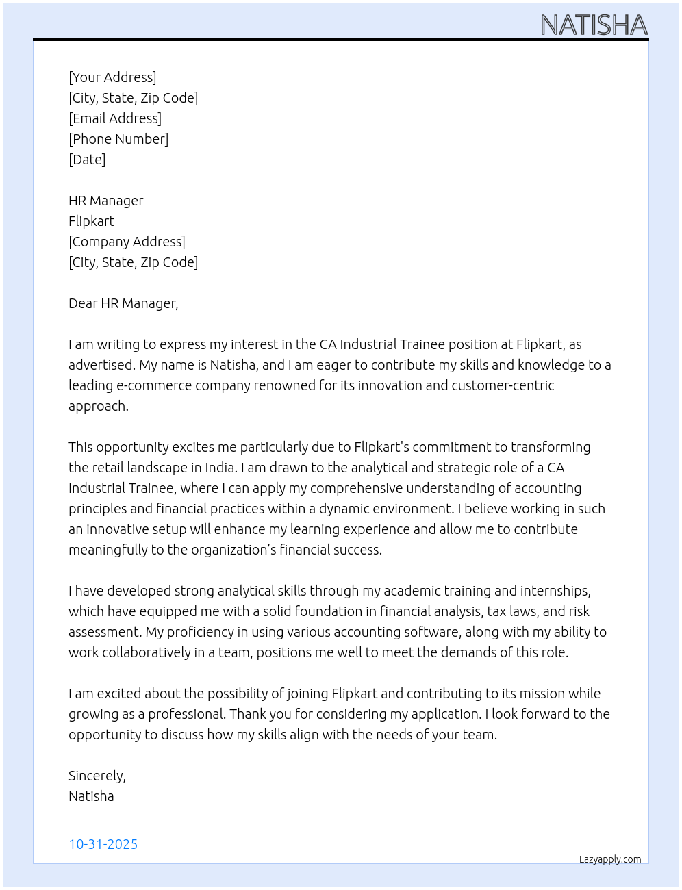 CA Industrial Trainee At Flipkart Cover Letter