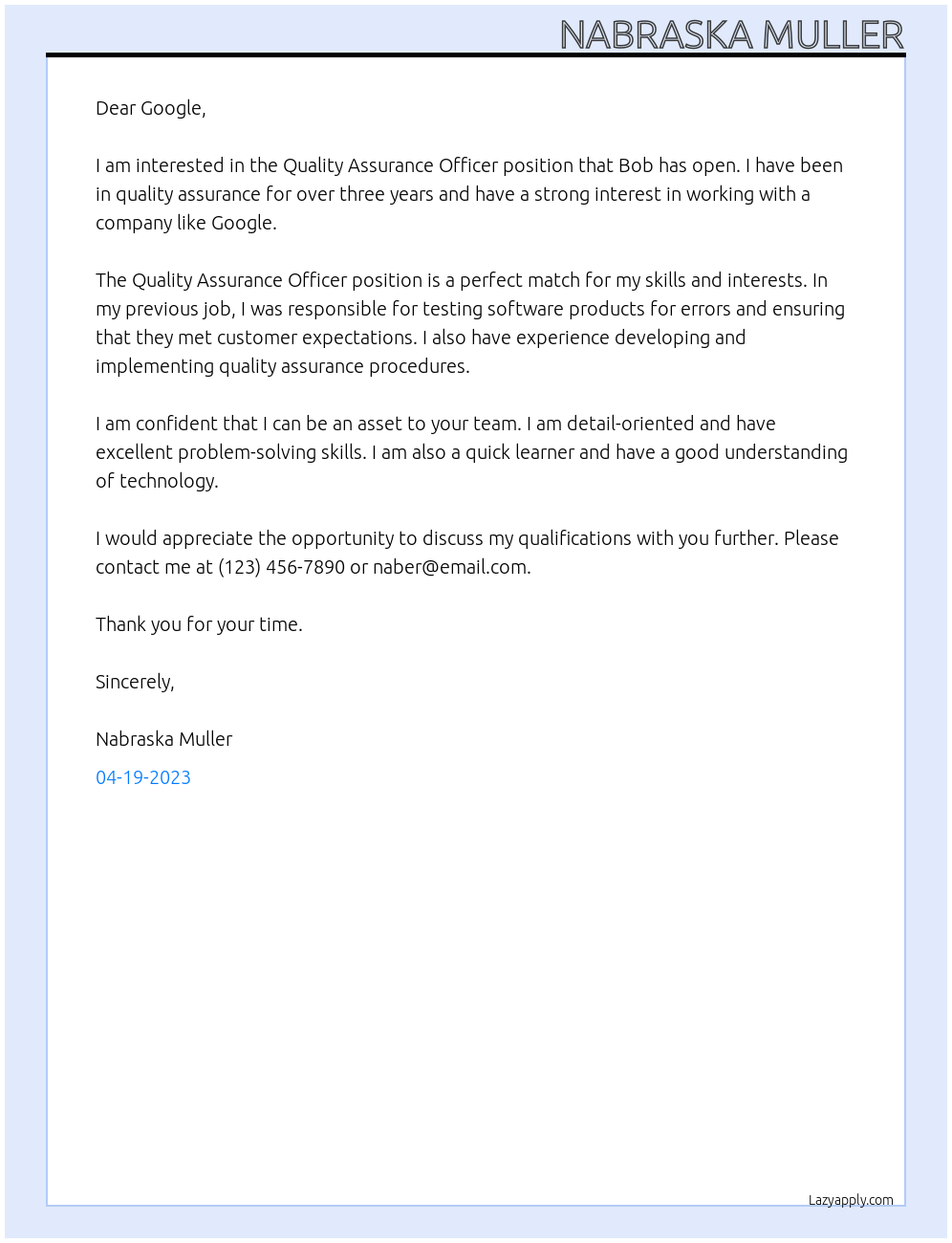 Quality assurance officer At Google Cover Letter