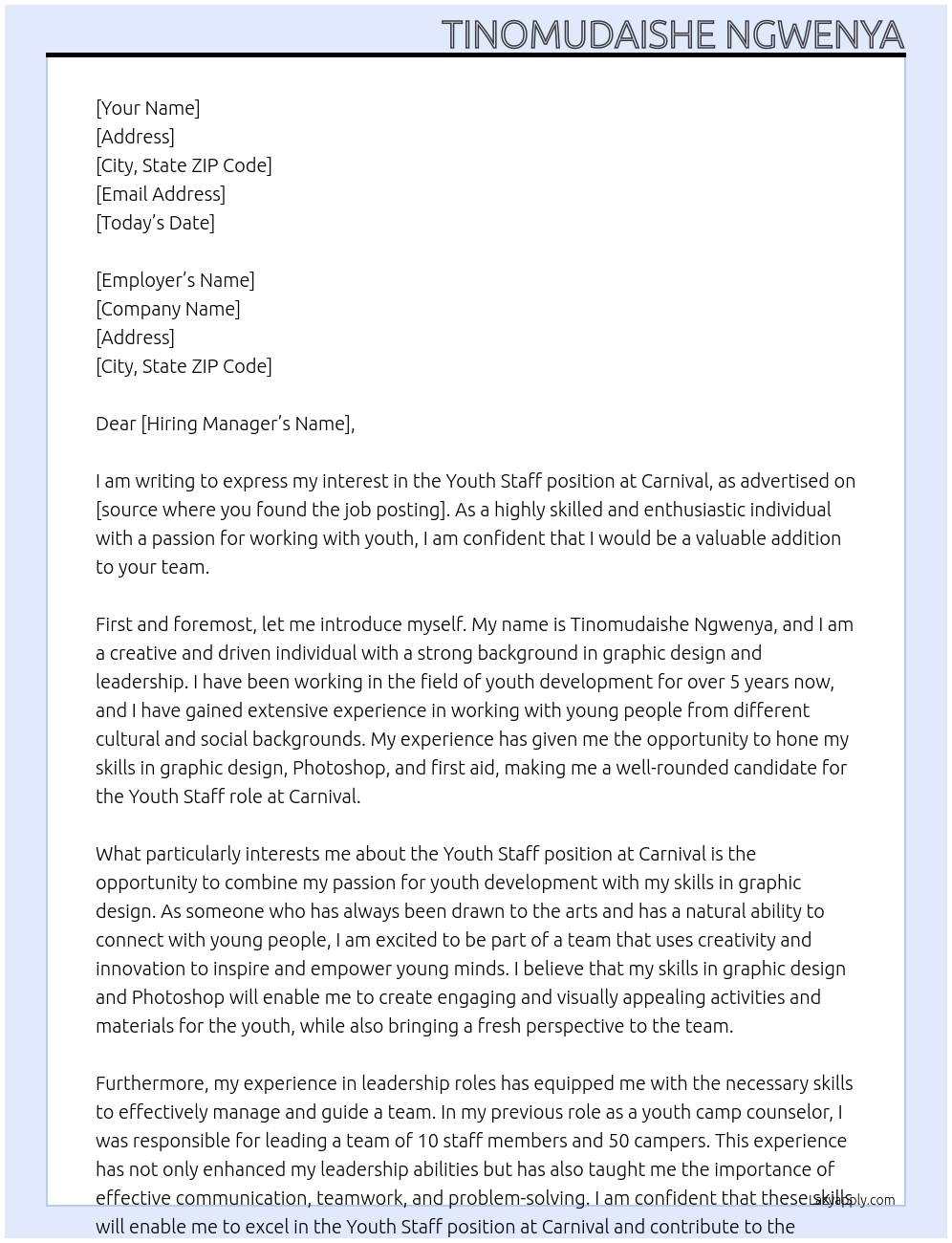 Youth staff At Carnival Cover Letter