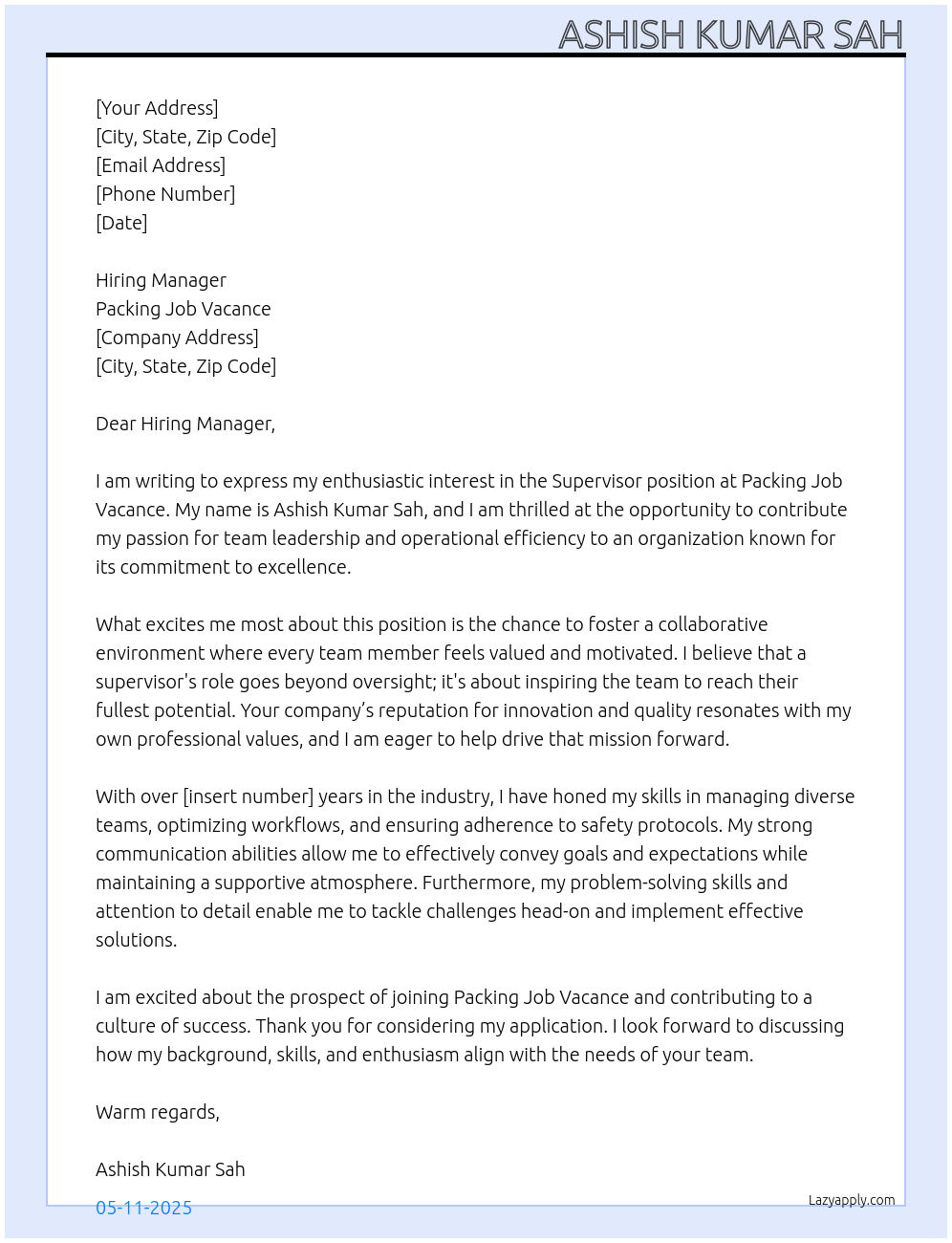 Supervisor At Packing job vaccence Cover Letter