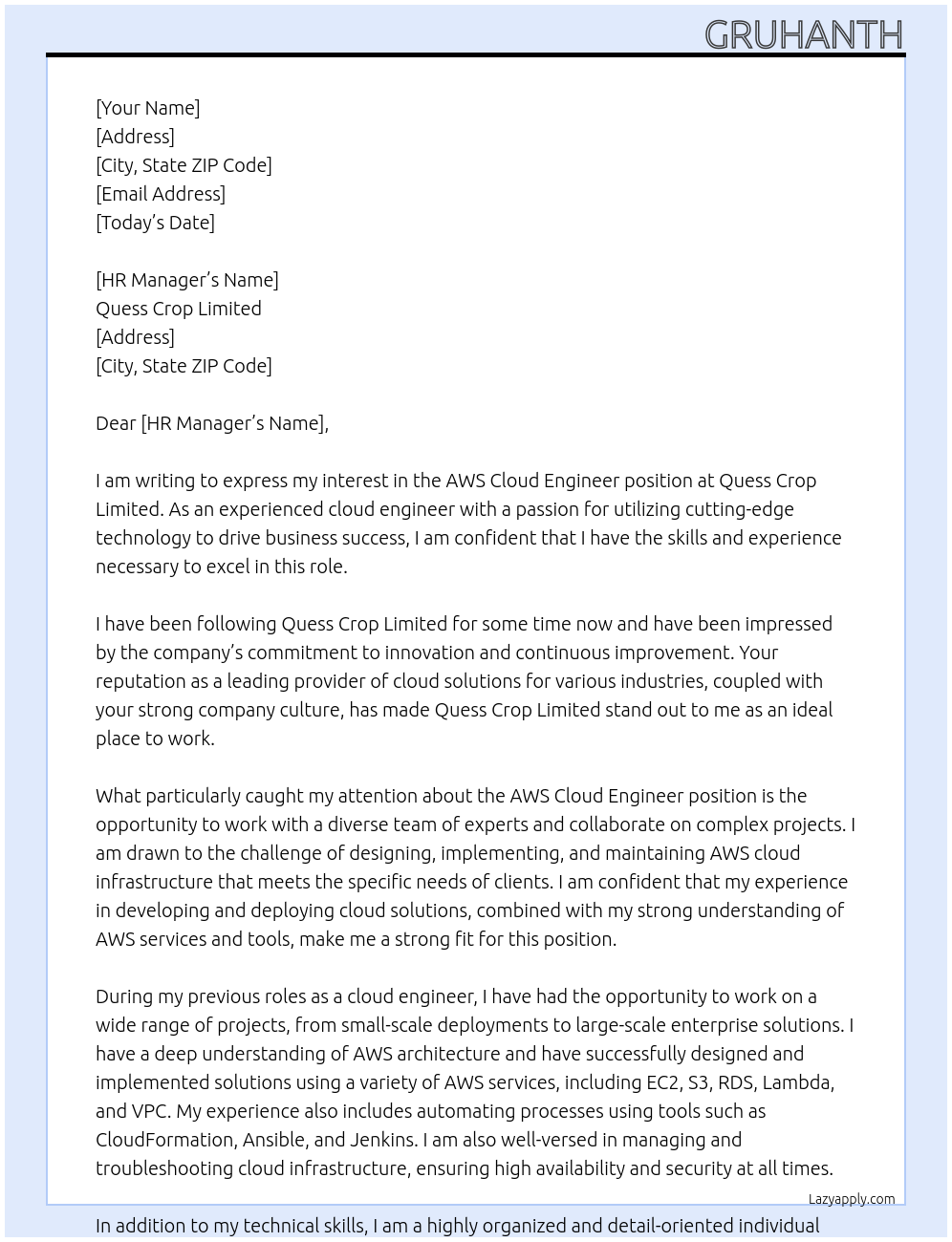 AWS cloud engineer At Quess crop limited  Cover Letter