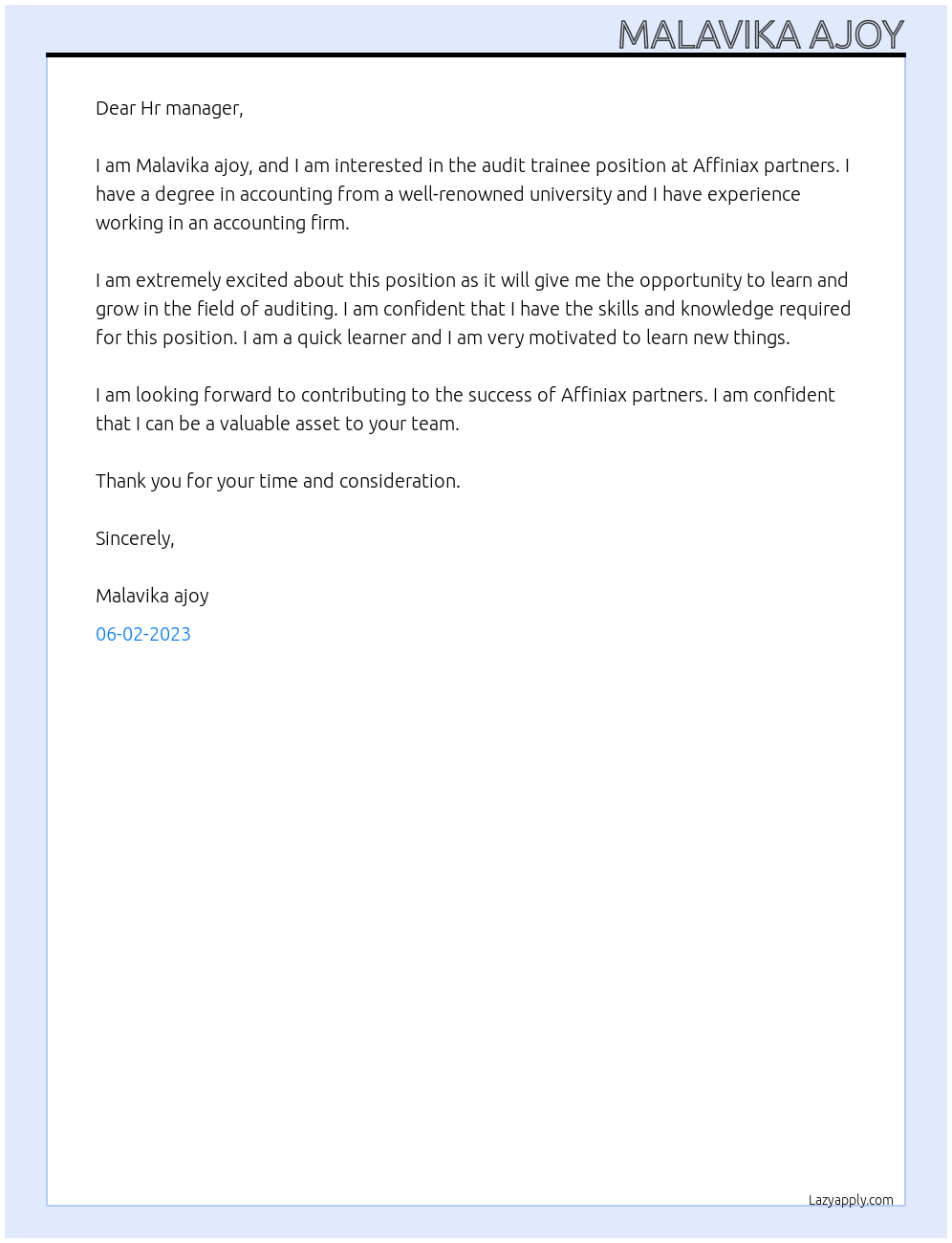 Audit trainee At Affiniax partners Cover Letter