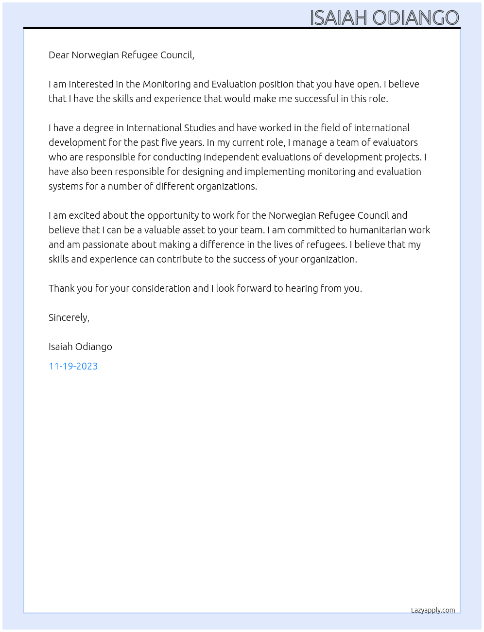 monitoring and evaluation At norwegian refugee council Cover Letter