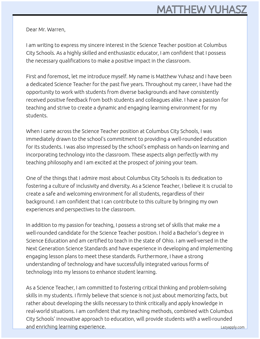 Science Teacher At Columbus City Schools Cover Letter