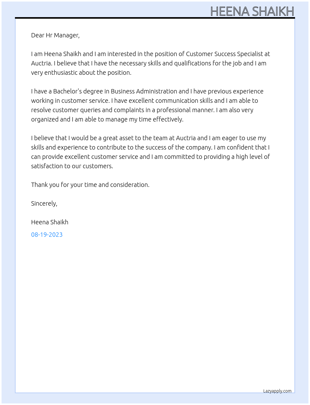 Customer Success Specialist At Auctria Cover Letter