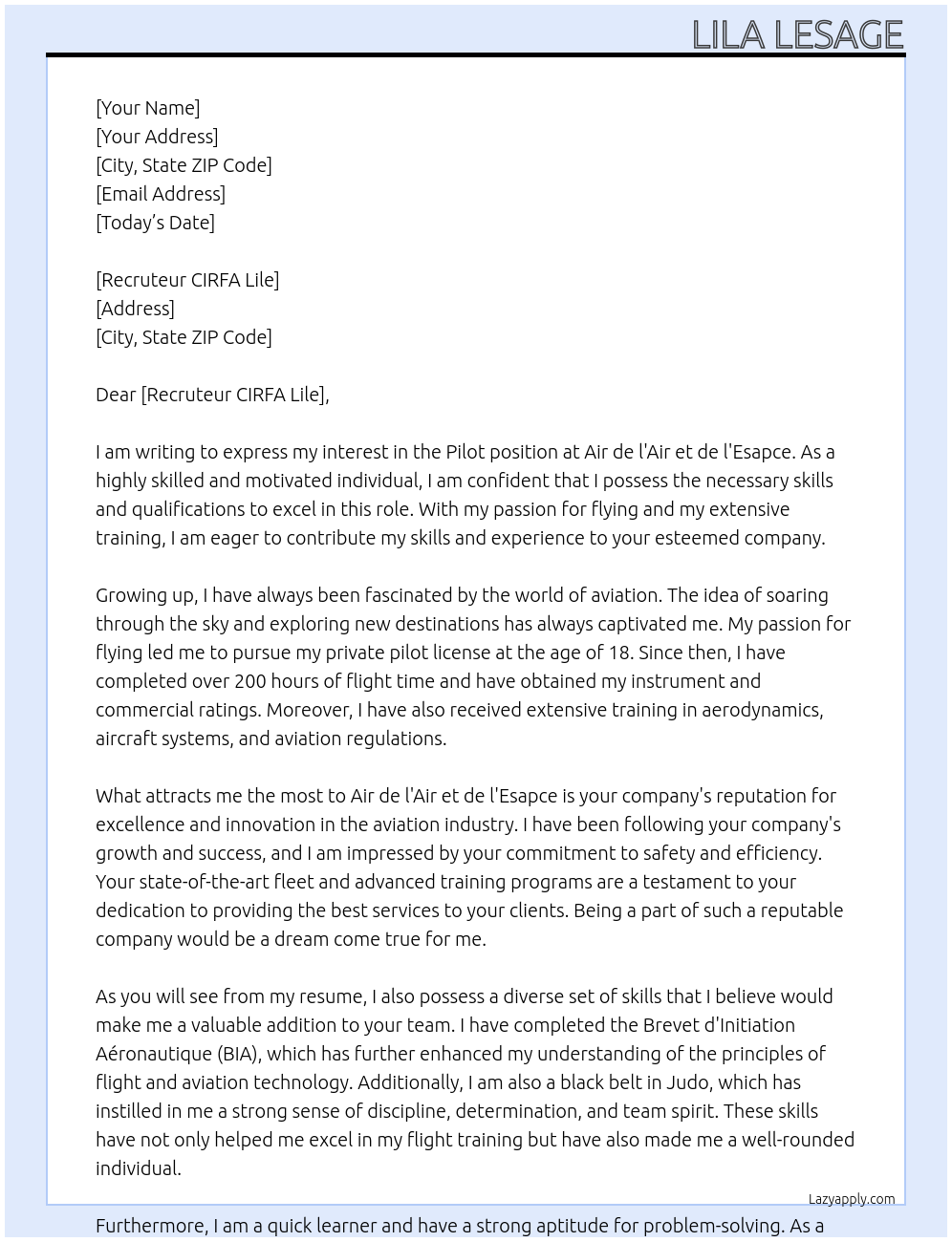 Pilot At Air de l'Air et de l'Esapce  Cover Letter